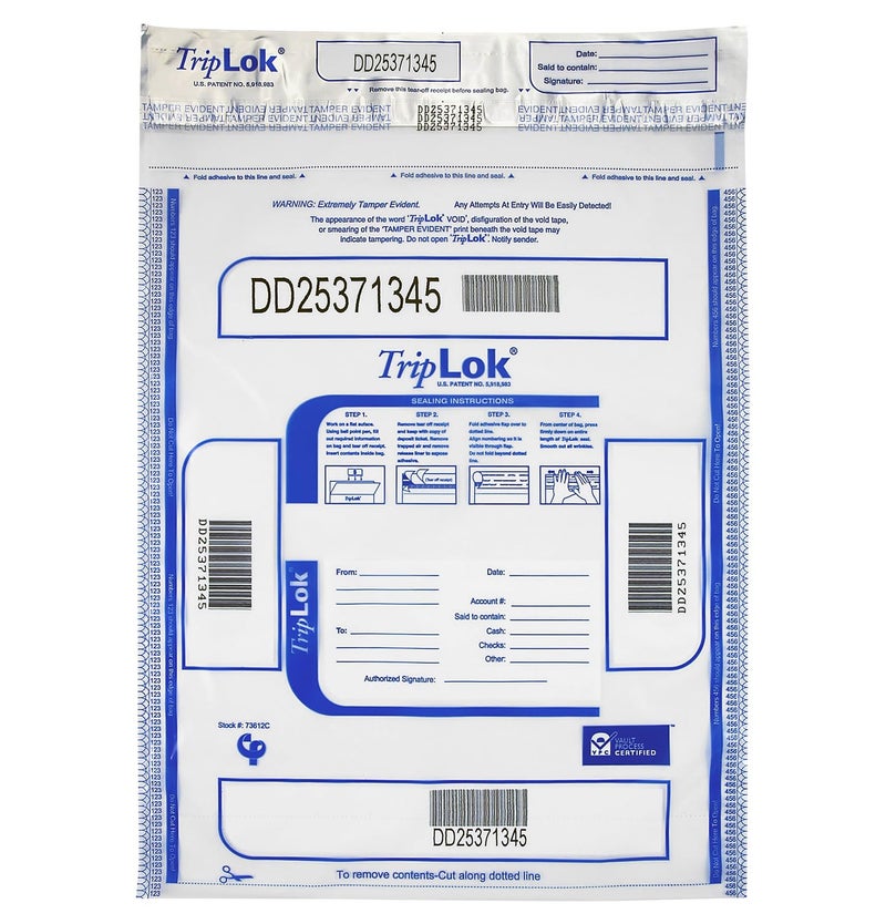 ControlTek TripLok 12" x 16", Clear, 100 Bags, Tamper-Evident Deposit Bags for Cash Handling & Valuables, Moisture, Heat and Cold Sensitive Ink, Tear-Off Receipt + Large Barcodes 585040 - Image 1